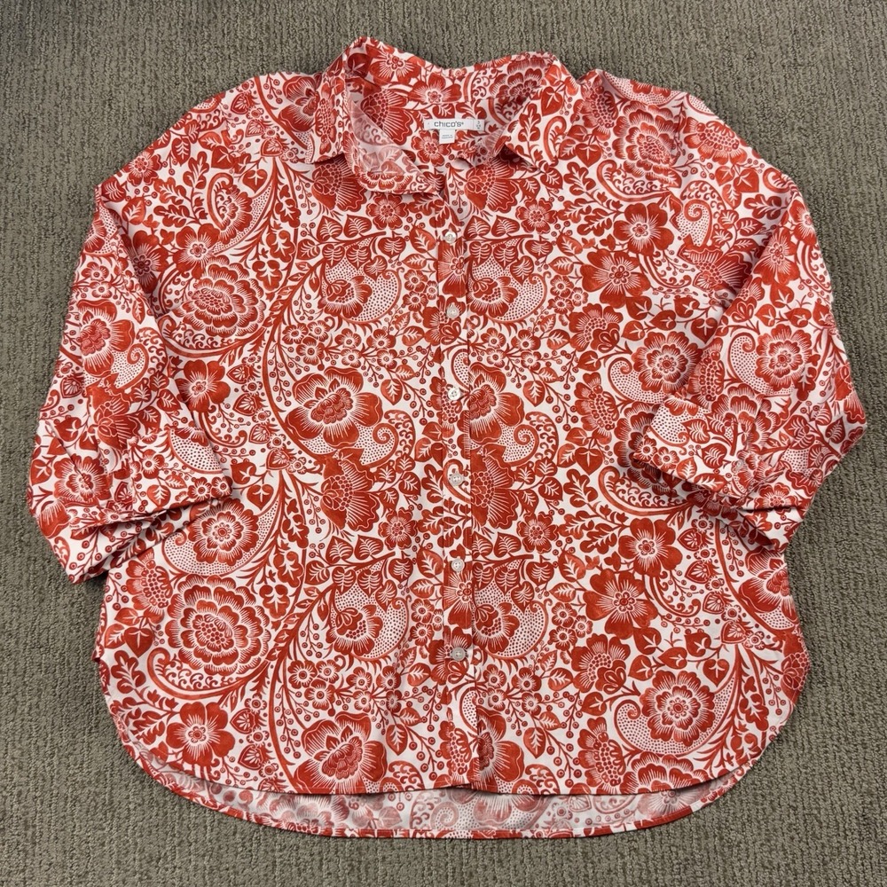 Chicos Womens 3 16 XL Button Up Shirt 3/4 Sleeve Stretch Red White Floral